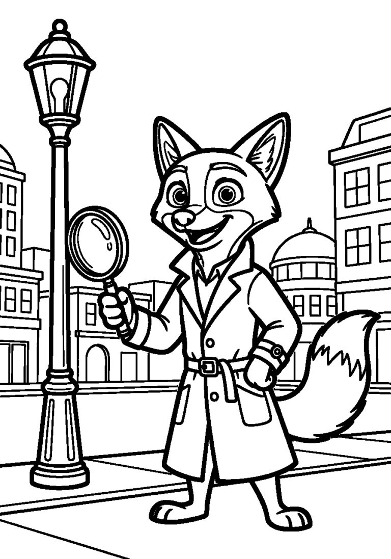Kleurplaat van een vosdetective met vergrootglas en jas bij een straatlantaarn