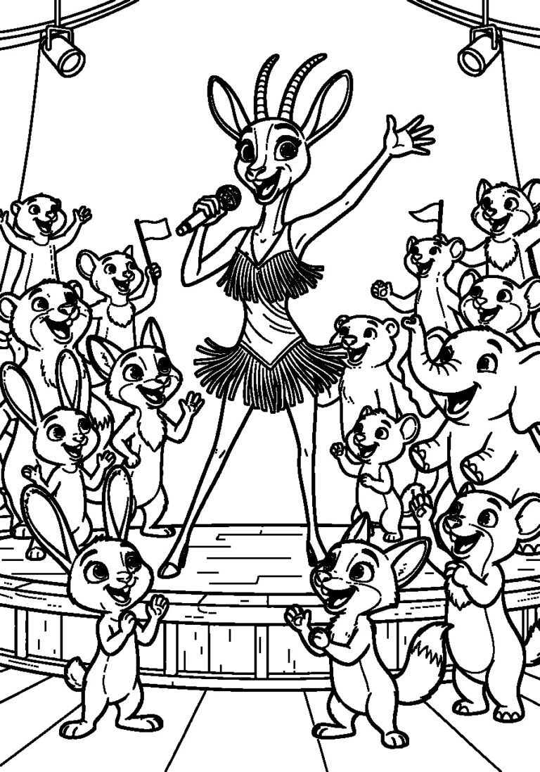 Kleurplaat van een podium met een zingende gazelle en een vrolijk dierenpubliek