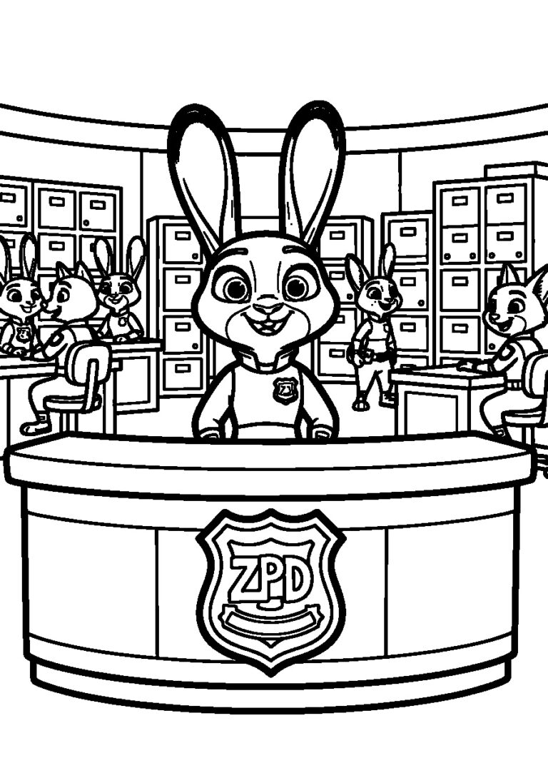 Kleurplaat van een politiebureau met een konijnenagent, balie en badgevormige decoratie