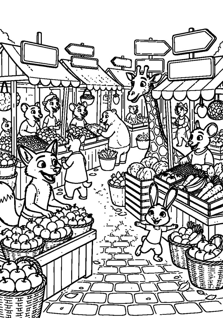 Kleurplaat van een marktstraat met dierenkraampjes, fruitmanden en stadsborden zonder tekst