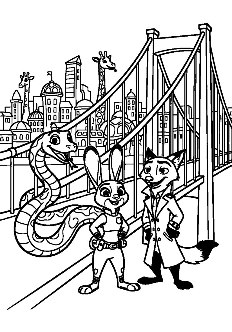 Kleurplaat van een groep dieren op een brug met konijnenagent, vosdetective, slang en stad op achtergrond