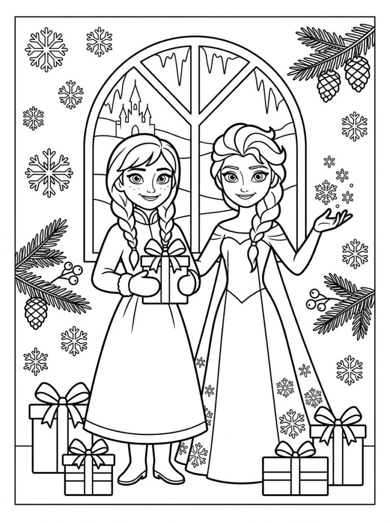 Anna en Elsa kerst Kleurplaten (Gratis PDF Printables) 01 - gratis kleurplaat om te printen