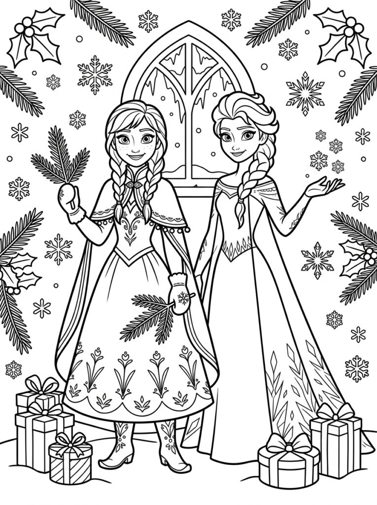 Anna en Elsa kerst Kleurplaten (Gratis PDF Printables) 02 - gratis kleurplaat om te printen