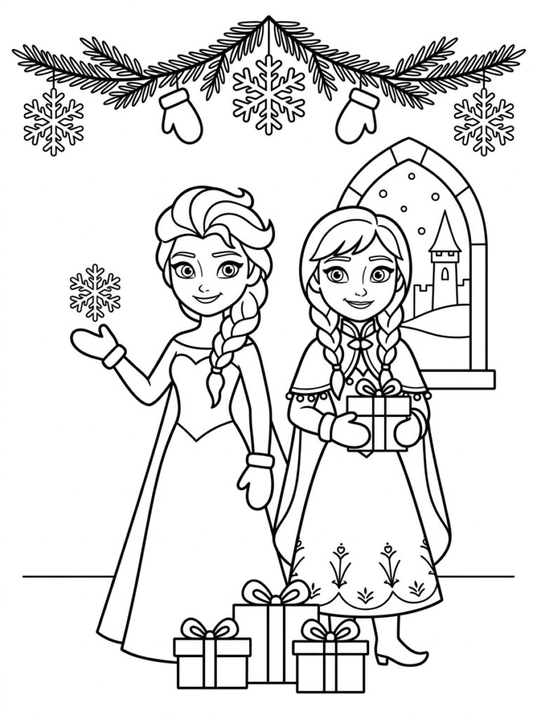 Anna en Elsa kerst Kleurplaten (Gratis PDF Printables) 03 - gratis kleurplaat om te printen