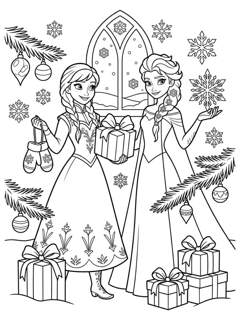 Anna en Elsa kerst Kleurplaten (Gratis PDF Printables) 04 - gratis kleurplaat om te printen