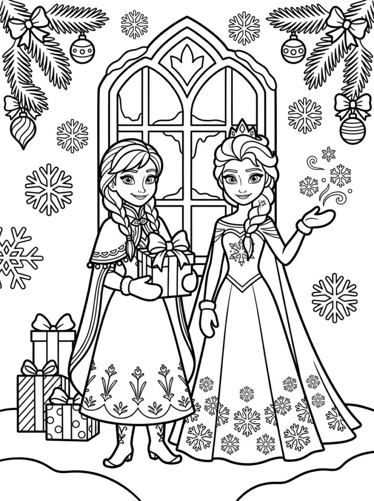 Anna en Elsa kerst Kleurplaten (Gratis PDF Printables) 05 - gratis kleurplaat om te printen
