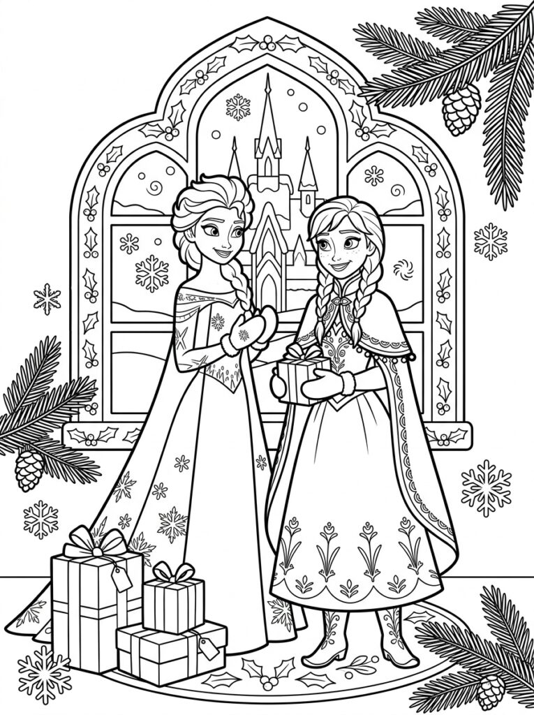 Anna en Elsa kerst Kleurplaten (Gratis PDF Printables) 06 - gratis kleurplaat om te printen