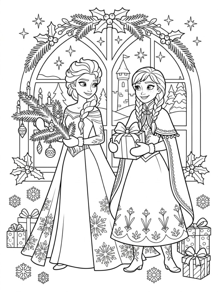 Anna en Elsa kerst Kleurplaten (Gratis PDF Printables) 07 - gratis kleurplaat om te printen