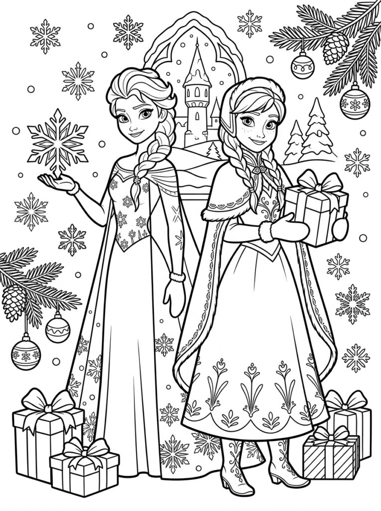 Anna en Elsa kerst Kleurplaten (Gratis PDF Printables) 08 - gratis kleurplaat om te printen