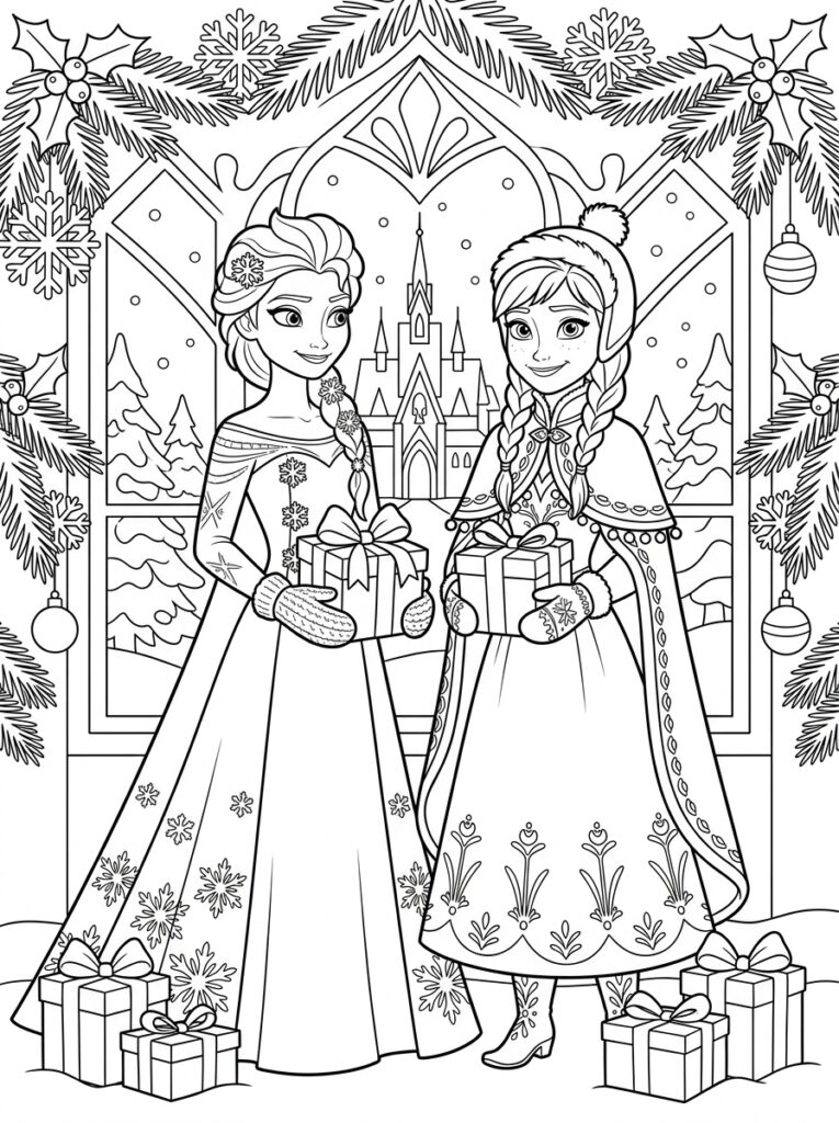 Anna en Elsa kerst Kleurplaten (Gratis PDF Printables) 09 - gratis kleurplaat om te printen