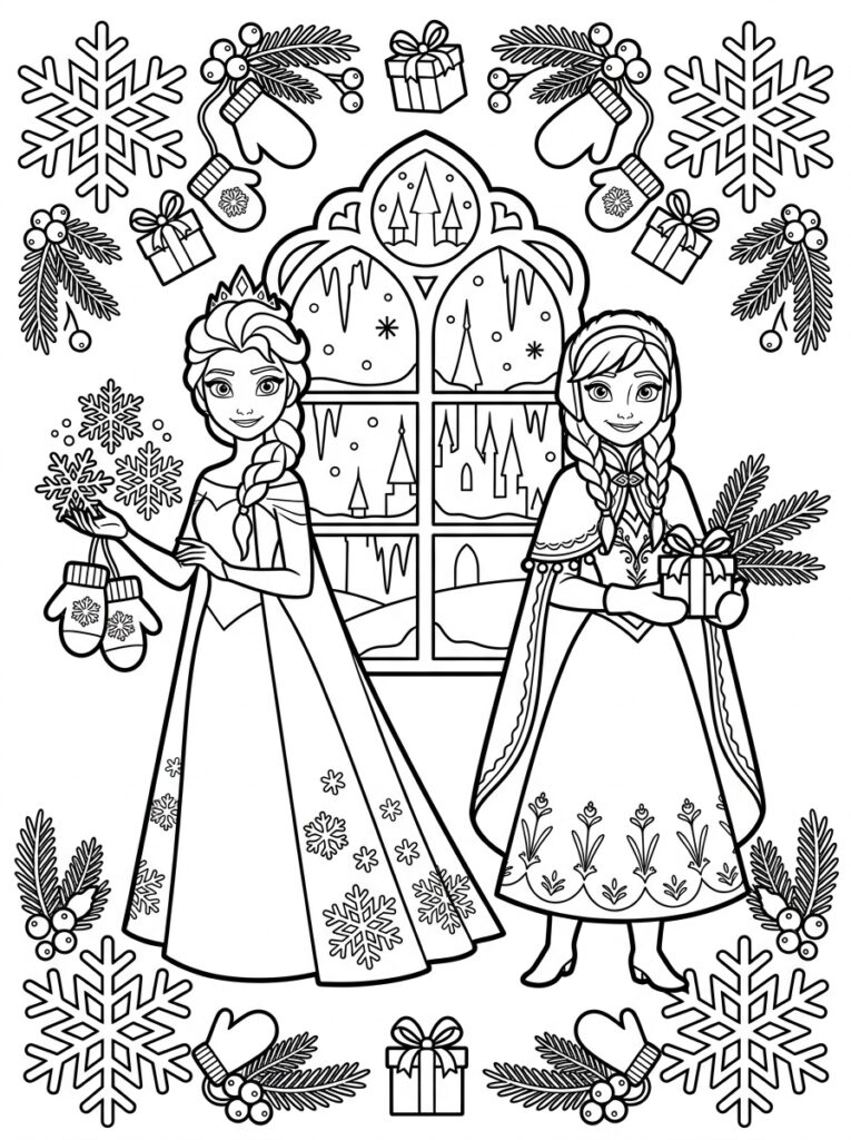Anna en Elsa kerst Kleurplaten (Gratis PDF Printables) 15 - gratis kleurplaat om te printen