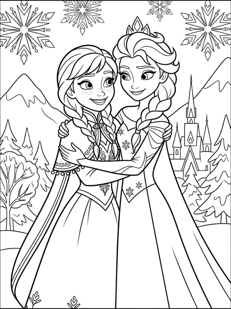 Anna en Elsa Kleurplaten (Gratis PDF Printables) 01 - gratis kleurplaat om te printen