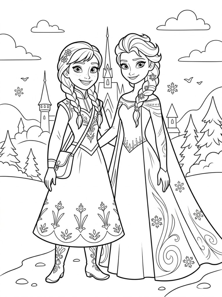 Anna en Elsa Kleurplaten (Gratis PDF Printables) 07 - gratis kleurplaat om te printen