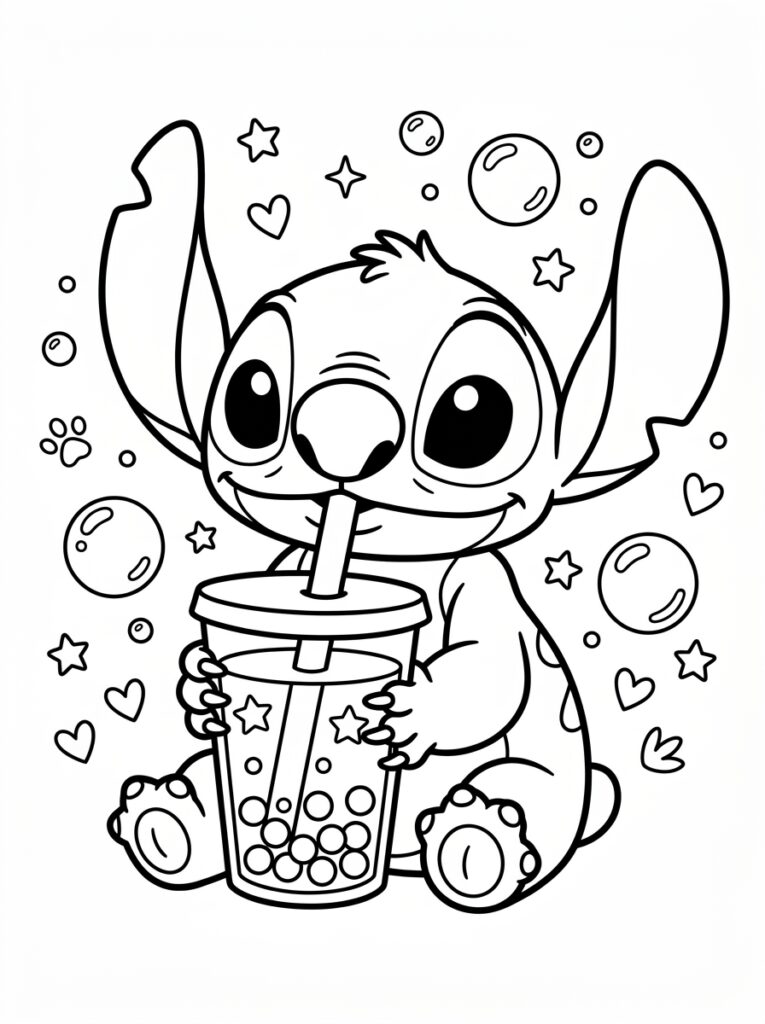 Bubble tea Stitch Kleurplaten (Gratis PDF Printables) 01 - gratis kleurplaat om te printen