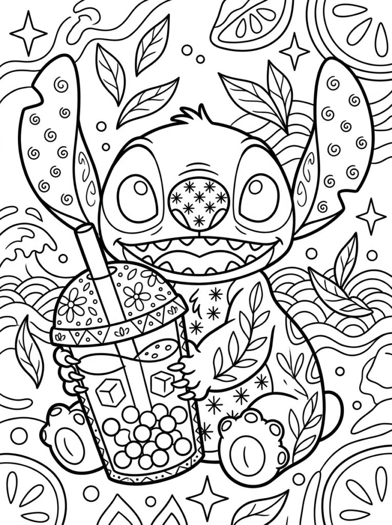 Bubble tea Stitch Kleurplaten (Gratis PDF Printables) 02 - gratis kleurplaat om te printen