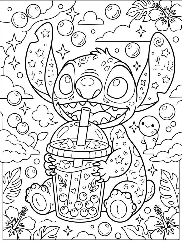 Bubble tea Stitch Kleurplaten (Gratis PDF Printables) 03 - gratis kleurplaat om te printen