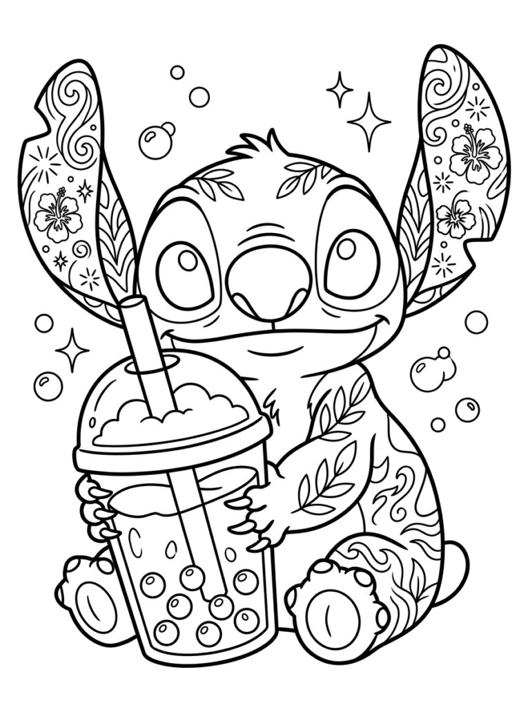 Bubble tea Stitch Kleurplaten (Gratis PDF Printables) 04 - gratis kleurplaat om te printen