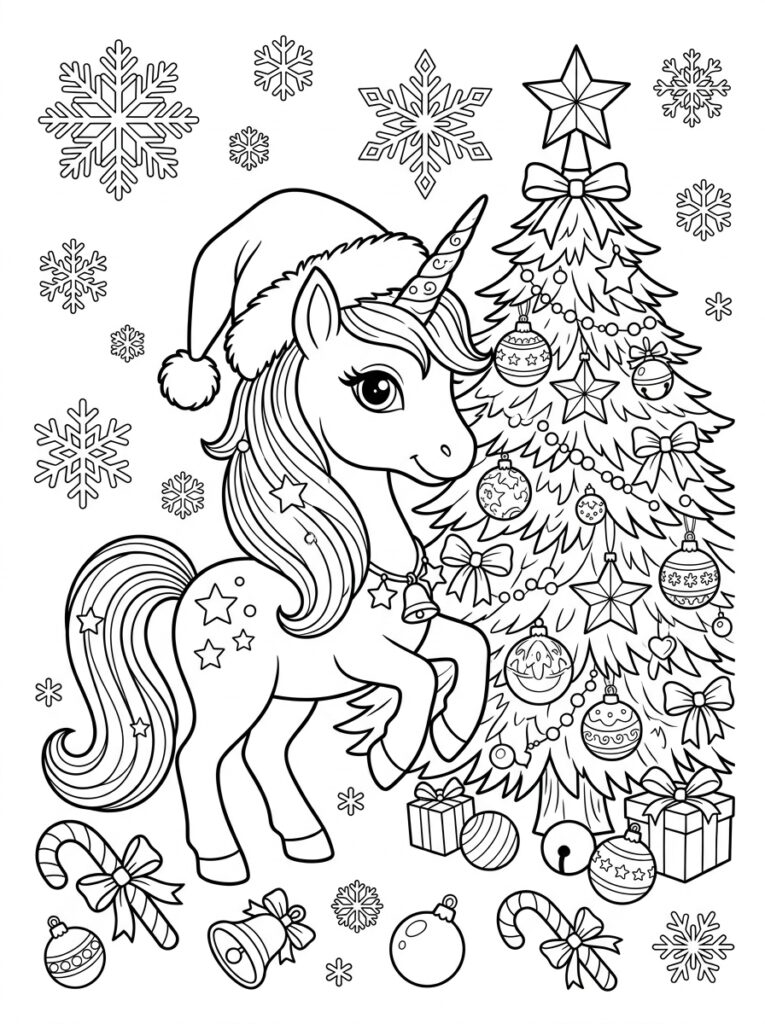 Eenhoorn kerst Kleurplaten (Gratis PDF Printables) 01 - gratis kleurplaat om te printen