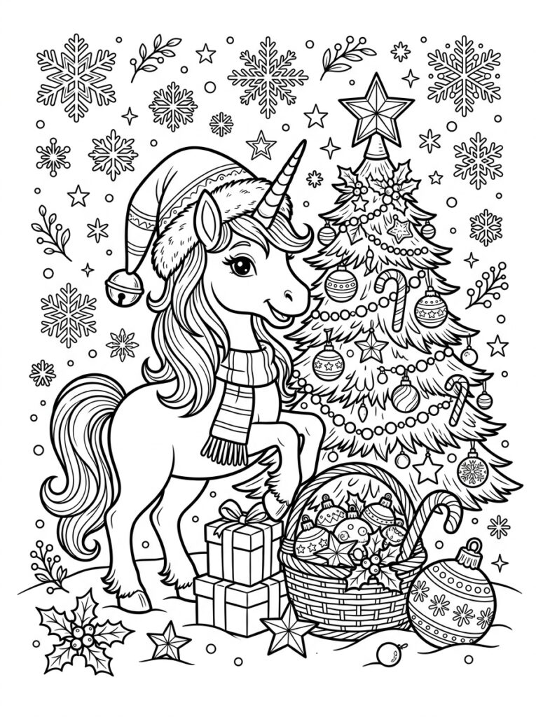 Eenhoorn kerst Kleurplaten (Gratis PDF Printables) 02 - gratis kleurplaat om te printen