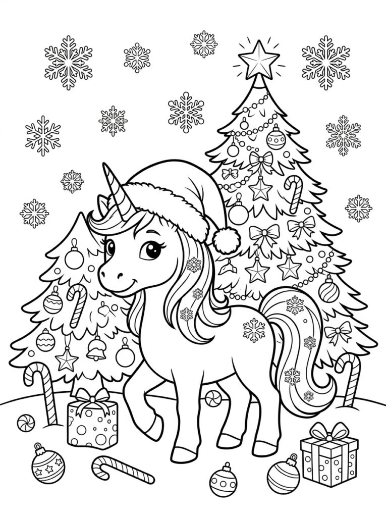 Eenhoorn kerst Kleurplaten (Gratis PDF Printables) 03 - gratis kleurplaat om te printen