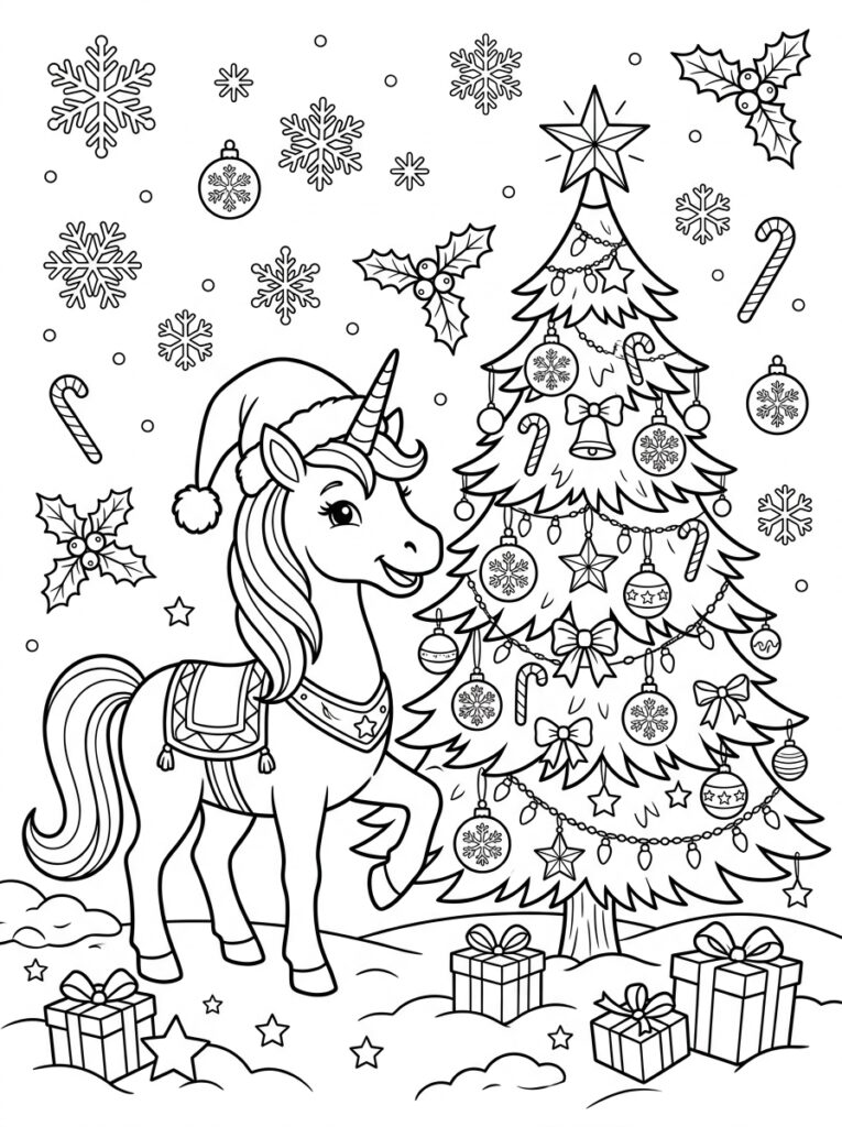Eenhoorn kerst Kleurplaten (Gratis PDF Printables) 04 - gratis kleurplaat om te printen