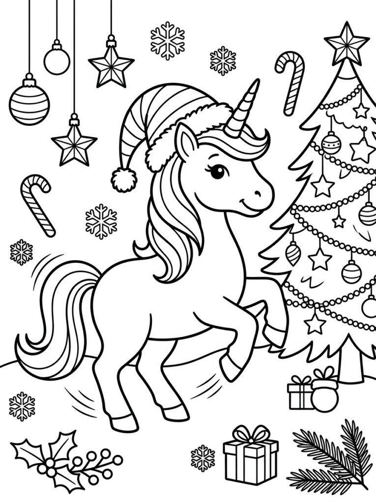 Eenhoorn kerst Kleurplaten (Gratis PDF Printables) 10 - gratis kleurplaat om te printen