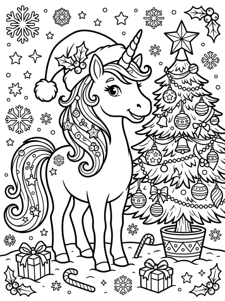 Eenhoorn kerst Kleurplaten (Gratis PDF Printables) 15 - gratis kleurplaat om te printen