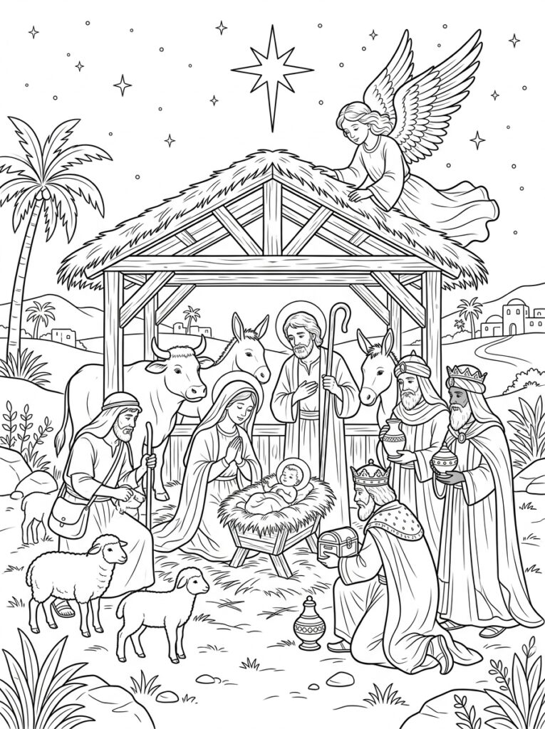 Kerststal Kleurplaten (Gratis PDF Printables) 01 - gratis kleurplaat om te printen
