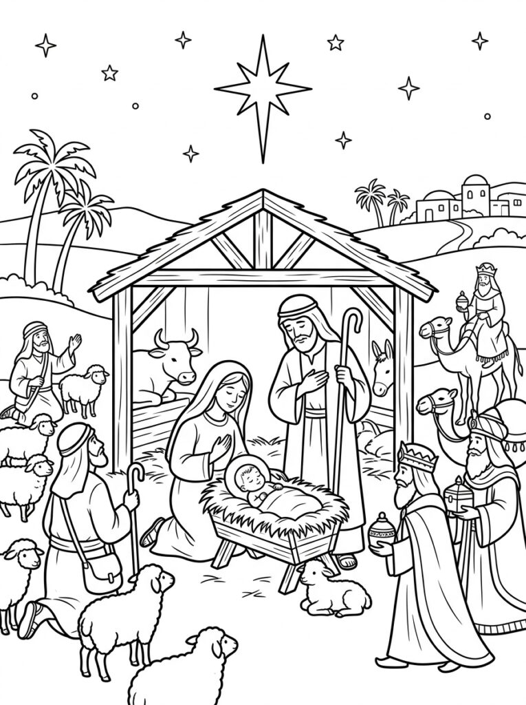 Kerststal Kleurplaten (Gratis PDF Printables) 02 - gratis kleurplaat om te printen