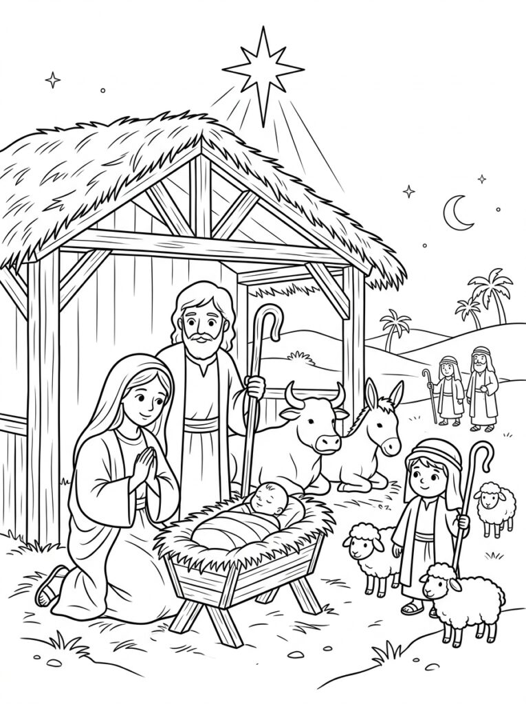 Kerststal Kleurplaten (Gratis PDF Printables) 03 - gratis kleurplaat om te printen