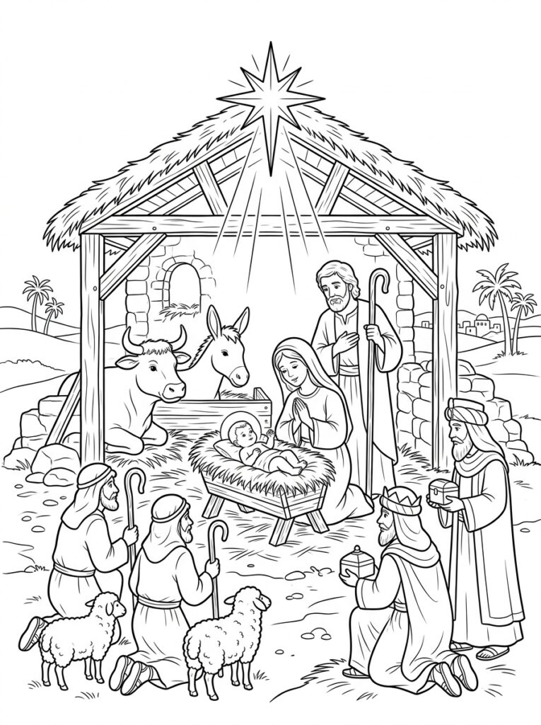 Kerststal Kleurplaten (Gratis PDF Printables) 04 - gratis kleurplaat om te printen