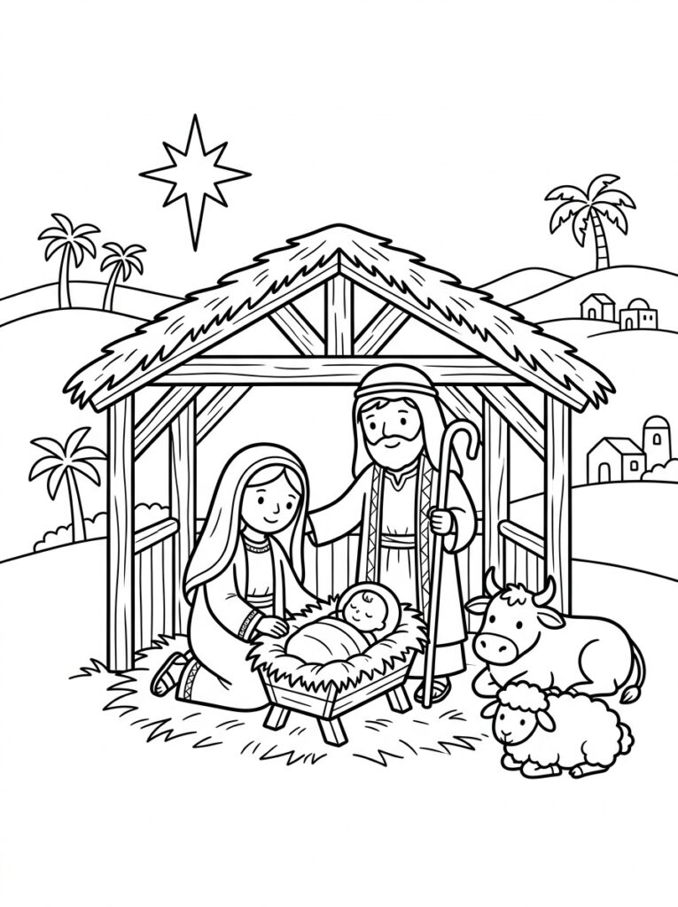 Kerststal Kleurplaten (Gratis PDF Printables) 05 - gratis kleurplaat om te printen