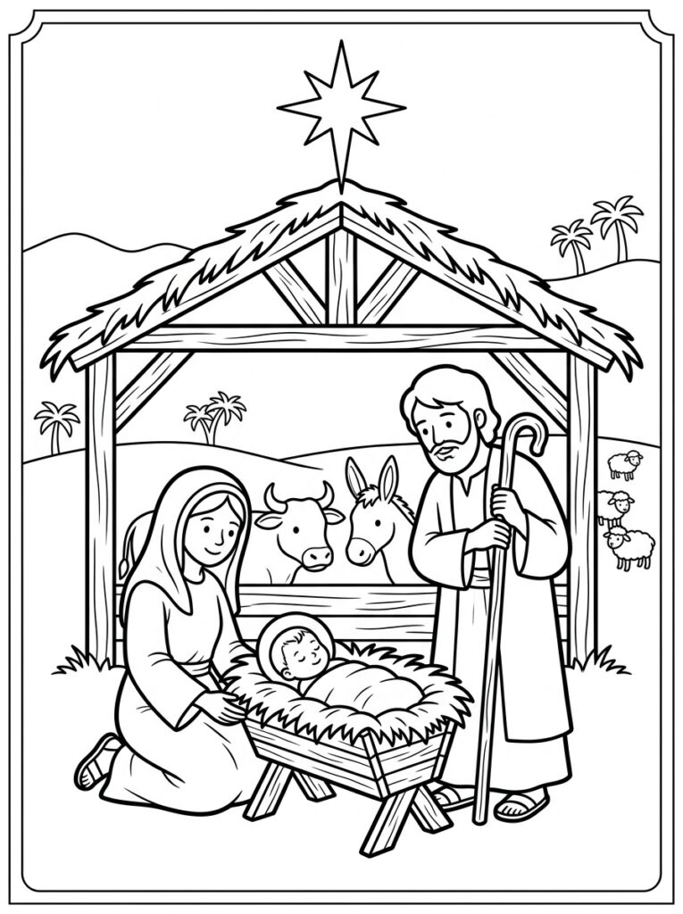 Kerststal Kleurplaten (Gratis PDF Printables) 06 - gratis kleurplaat om te printen