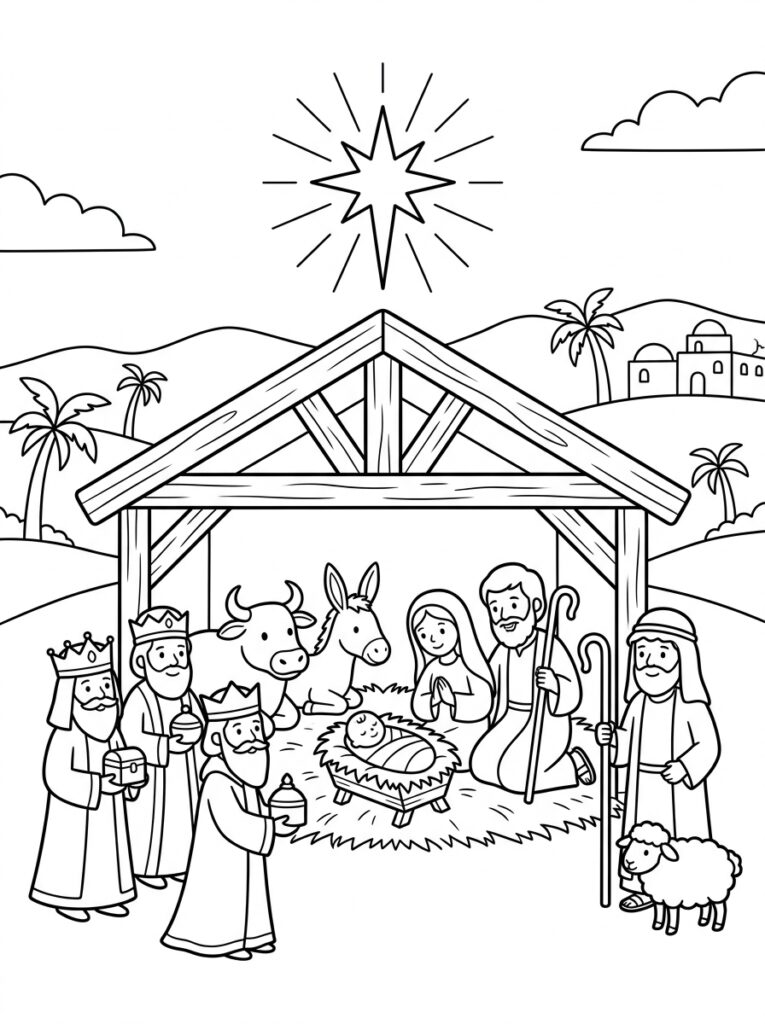 Kerststal Kleurplaten (Gratis PDF Printables) 07 - gratis kleurplaat om te printen