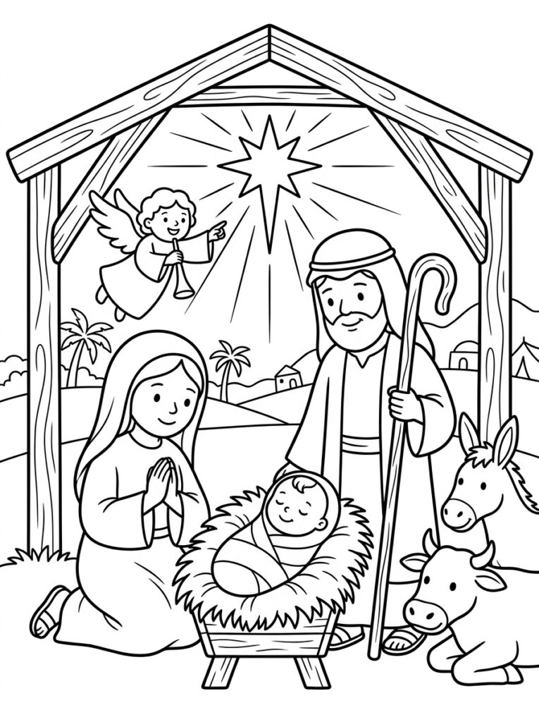 Kerststal Kleurplaten (Gratis PDF Printables) 08 - gratis kleurplaat om te printen