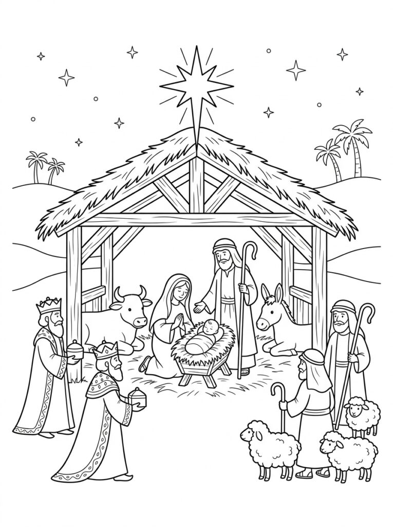 Kerststal Kleurplaten (Gratis PDF Printables) 09 - gratis kleurplaat om te printen
