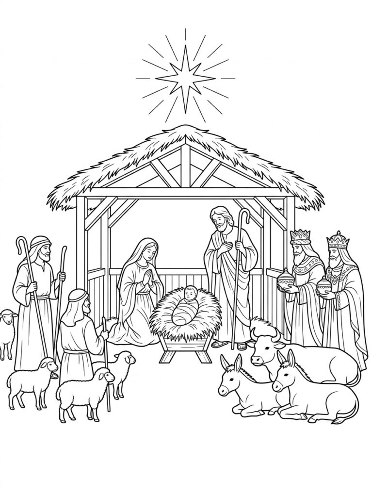 Kerststal Kleurplaten (Gratis PDF Printables) 10 - gratis kleurplaat om te printen