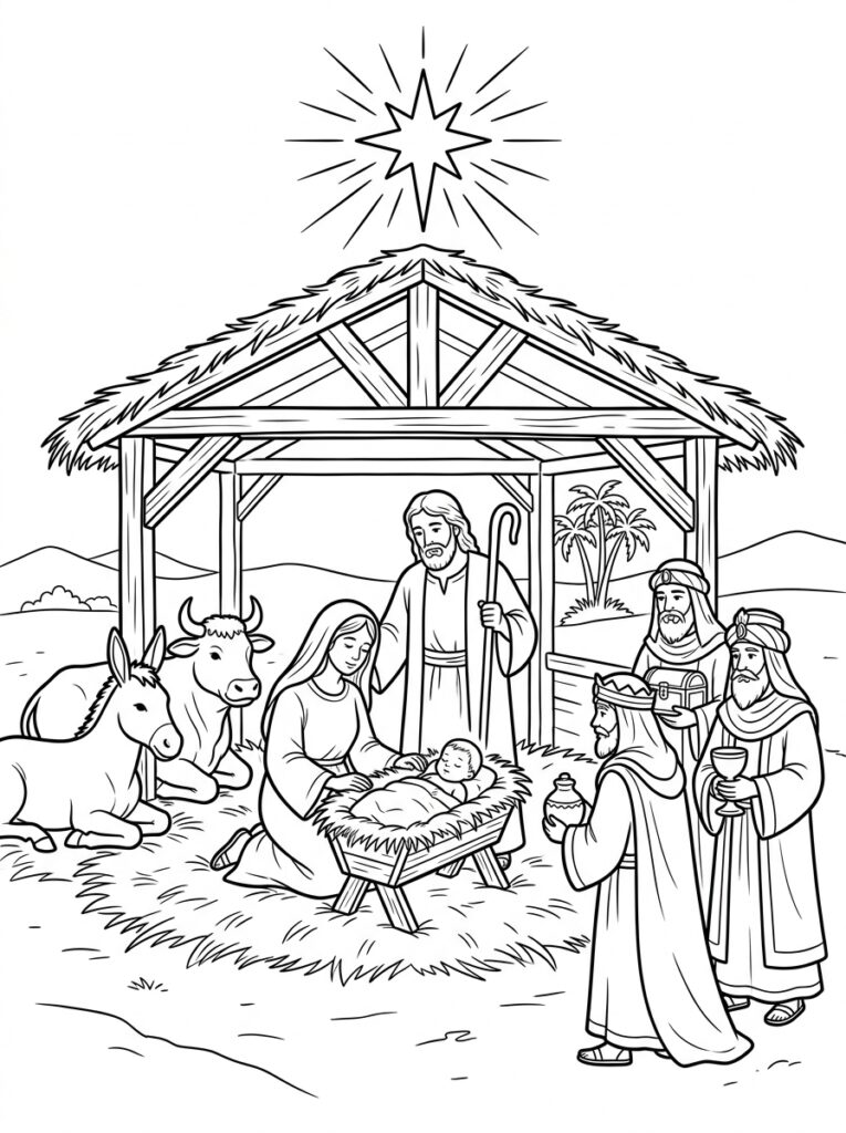 Kerststal Kleurplaten (Gratis PDF Printables) 11 - gratis kleurplaat om te printen