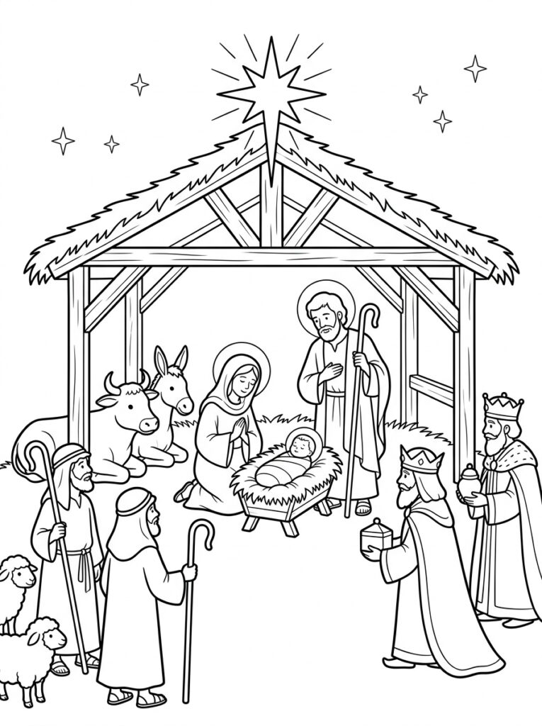 Kerststal Kleurplaten (Gratis PDF Printables) 12 - gratis kleurplaat om te printen