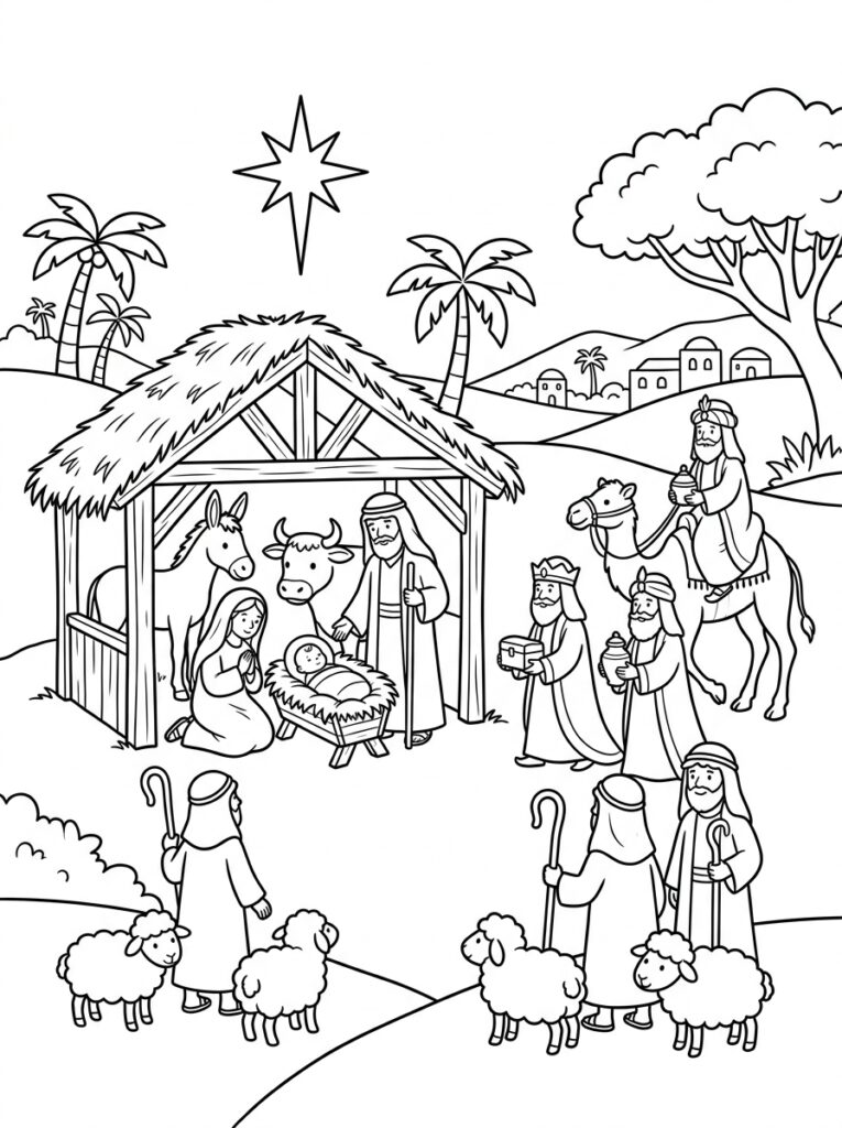 Kerststal Kleurplaten (Gratis PDF Printables) 13 - gratis kleurplaat om te printen