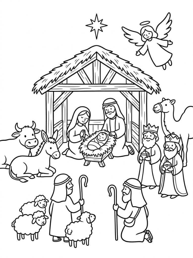 Kerststal Kleurplaten (Gratis PDF Printables) 14 - gratis kleurplaat om te printen