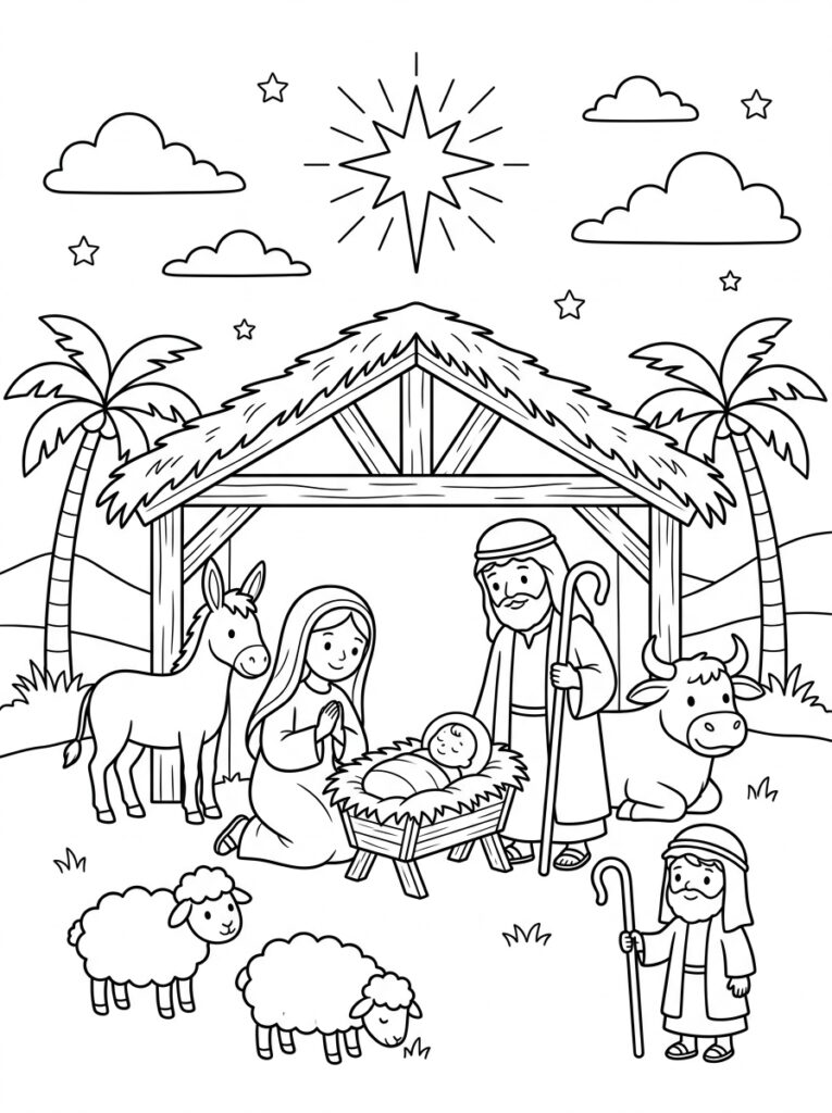Kerststal Kleurplaten (Gratis PDF Printables) 15 - gratis kleurplaat om te printen