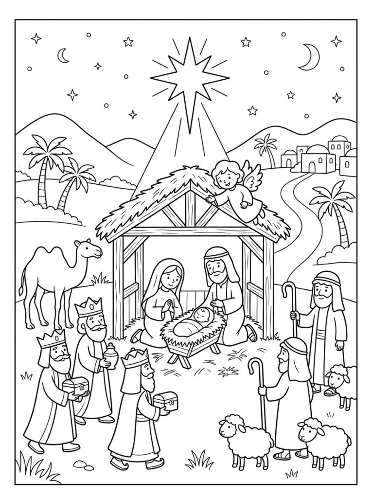 Kerststal Kleurplaten (Gratis PDF Printables) 16 - gratis kleurplaat om te printen