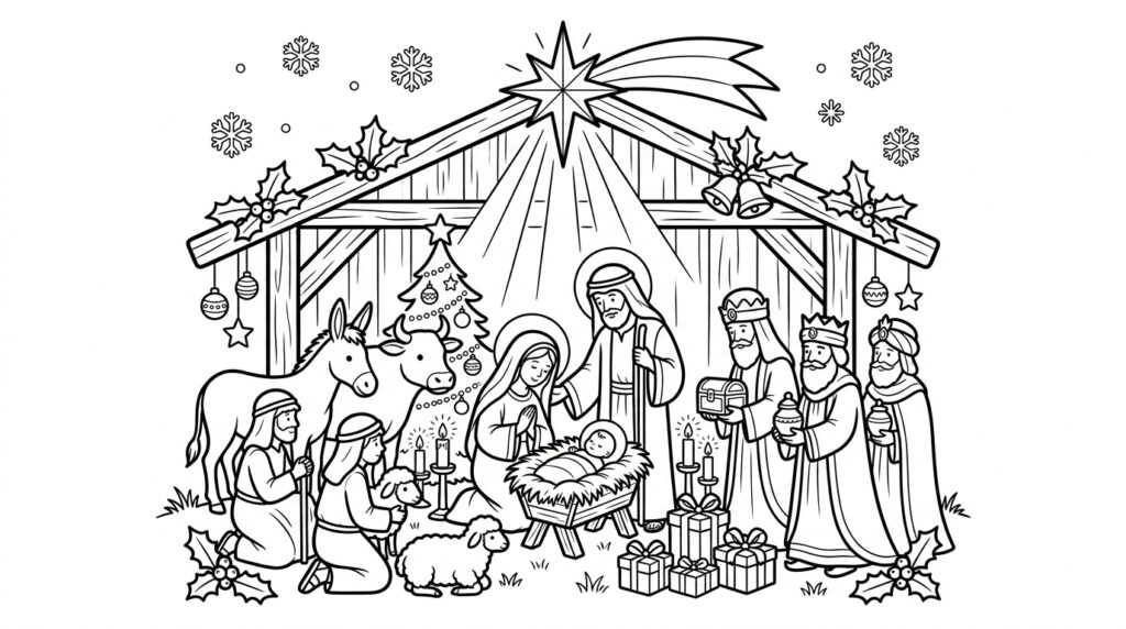 Kerststal Kleurplaten (Gratis PDF Printables) 20 - gratis kleurplaat om te printen