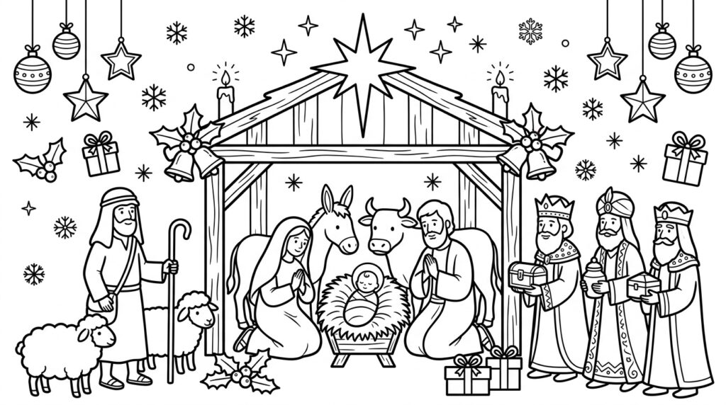 Kerststal Kleurplaten (Gratis PDF Printables) 22 - gratis kleurplaat om te printen