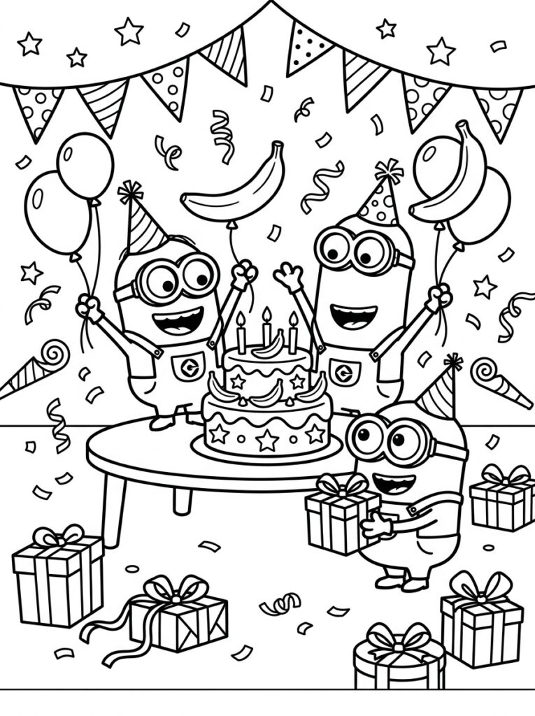 Minions verjaardag Kleurplaten (Gratis PDF Printables) 03 - gratis kleurplaat om te printen
