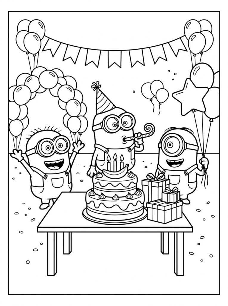 Minions verjaardag Kleurplaten (Gratis PDF Printables) 04 - gratis kleurplaat om te printen