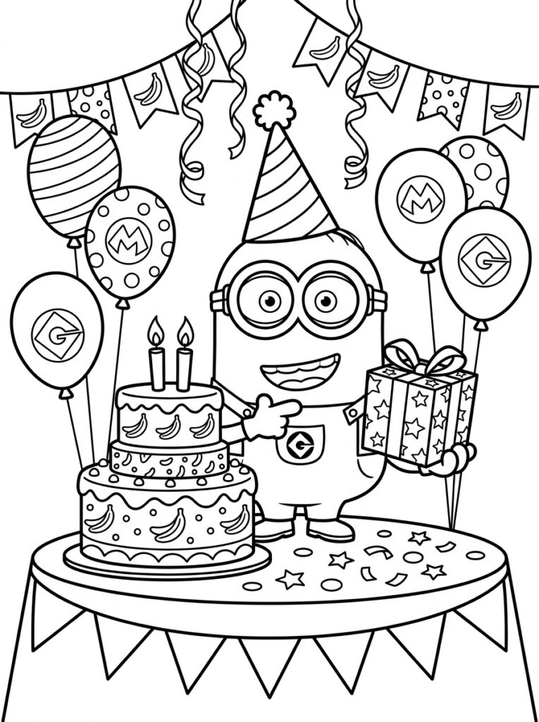 Minions verjaardag Kleurplaten (Gratis PDF Printables) 06 - gratis kleurplaat om te printen