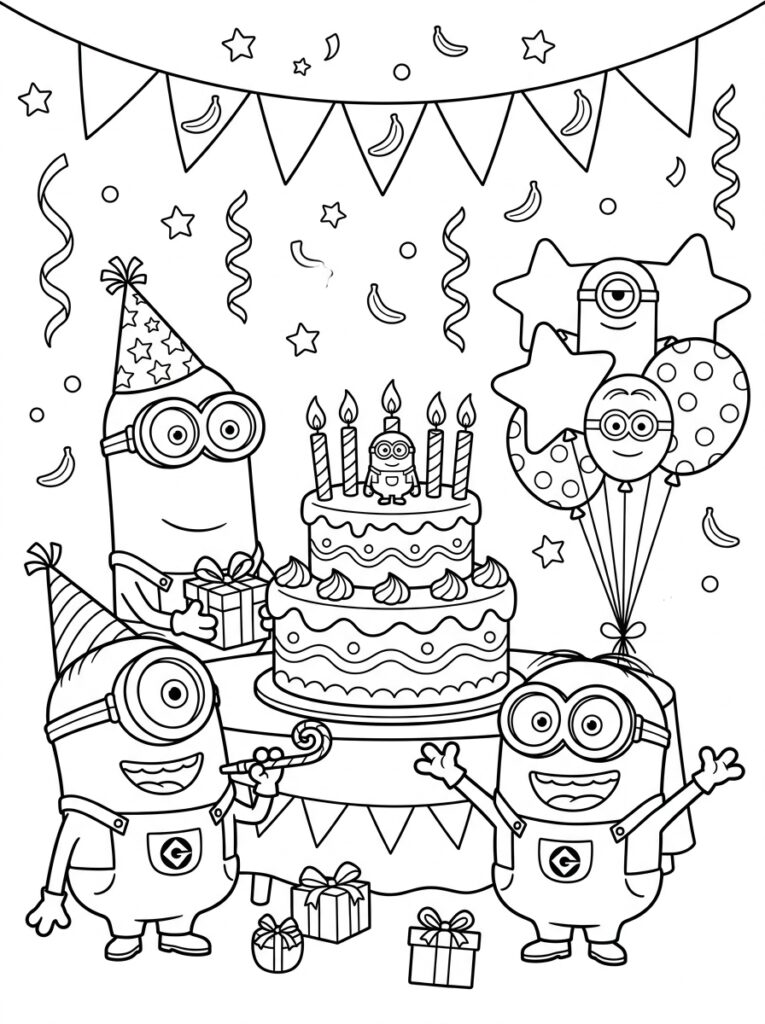 Minions verjaardag Kleurplaten (Gratis PDF Printables) 07 - gratis kleurplaat om te printen