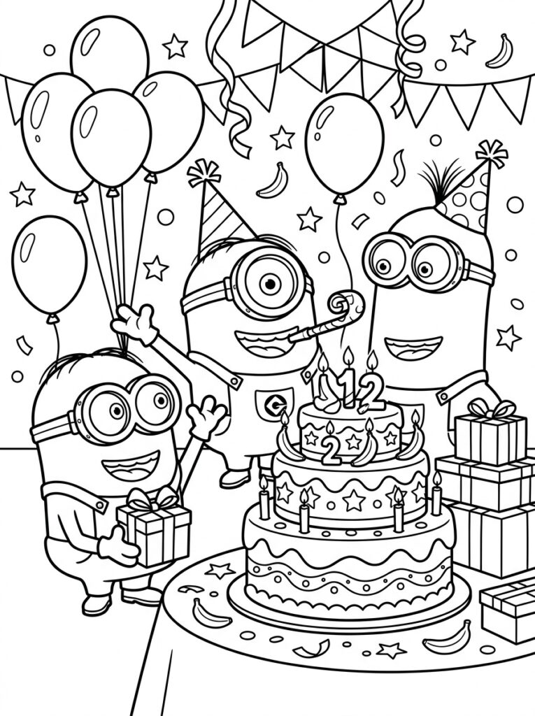 Minions verjaardag Kleurplaten (Gratis PDF Printables) 09 - gratis kleurplaat om te printen